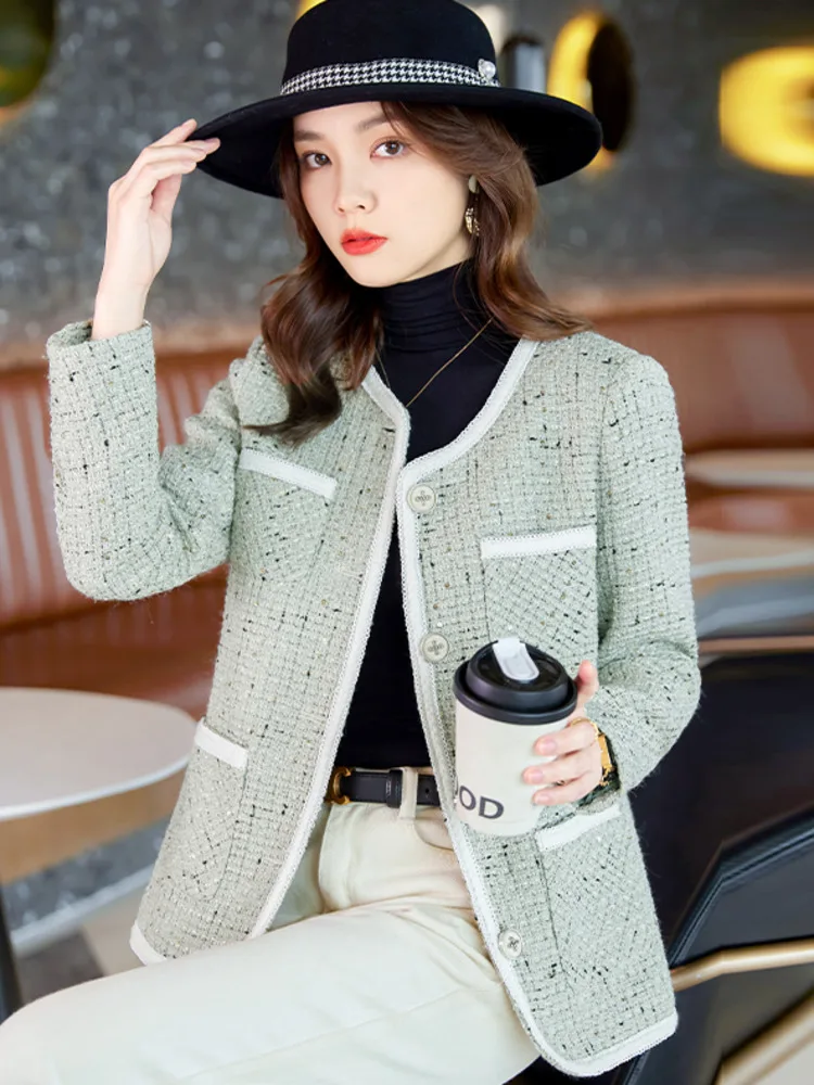 High Quality Autumn Winter Elegant Tweed Blazer Jacket Coat Women Long Sleeve O-neck Korean Fashion OL Woolen Outwear 4XL