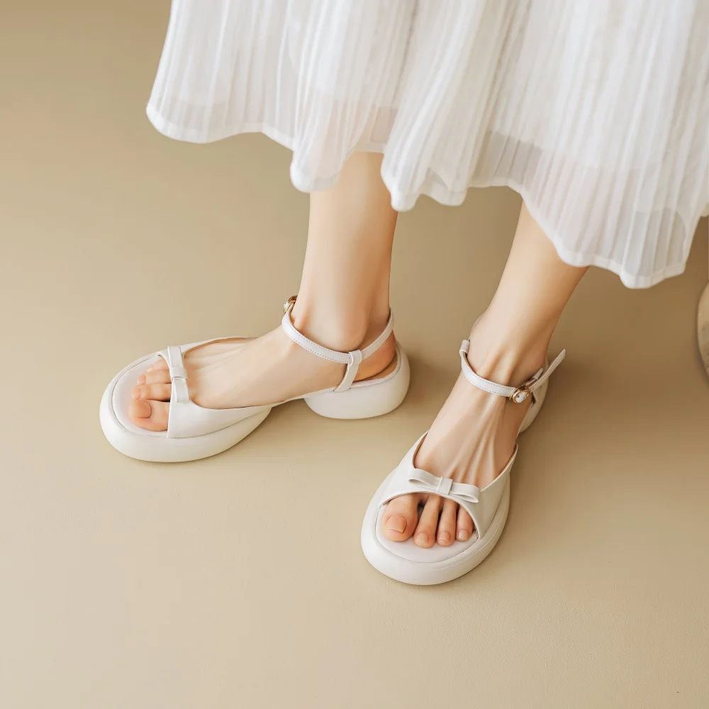 Taoffen Fashion Butterfly-Knot Sandals For Women Genuine Leather Thick Sole Sandals Summer Beach Holiday Buckle Strap Lady Shoes