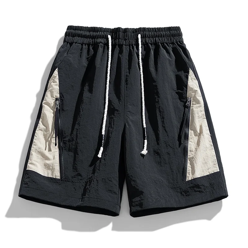 Calção com zíper de cor contrastante masculina, calça cargo com elástico na cintura, comprimento do joelho simples, nova tendência da moda, verão,