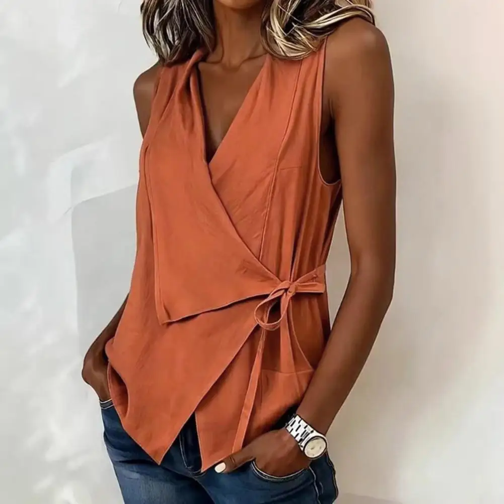 

Женская блузка без рукавов с V-образным вырезом и лацканами, с боковыми завязками, стандартный крой, повседневная, для работы, вечеринок, свиданий, отпуска