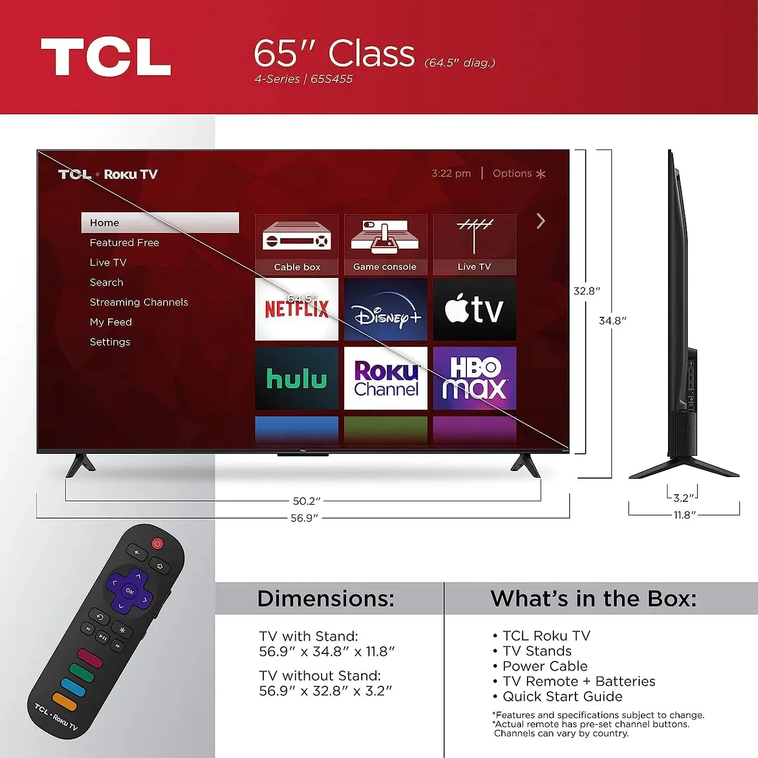 Roku TV cerdas, kelas 4-Series 4K UHD HDR 65 "-65S455