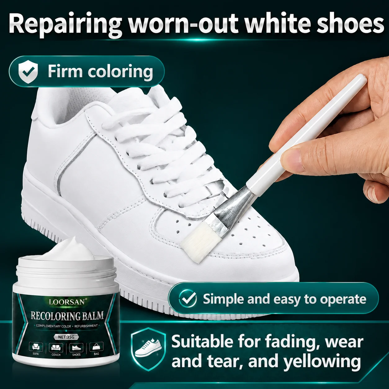 LOORSAN Leather Touch Up Coloring Cream 35g White Sneaker Edge Yellowing Cover Balm Shoe Scuff Fade Recolor Restoration Paste