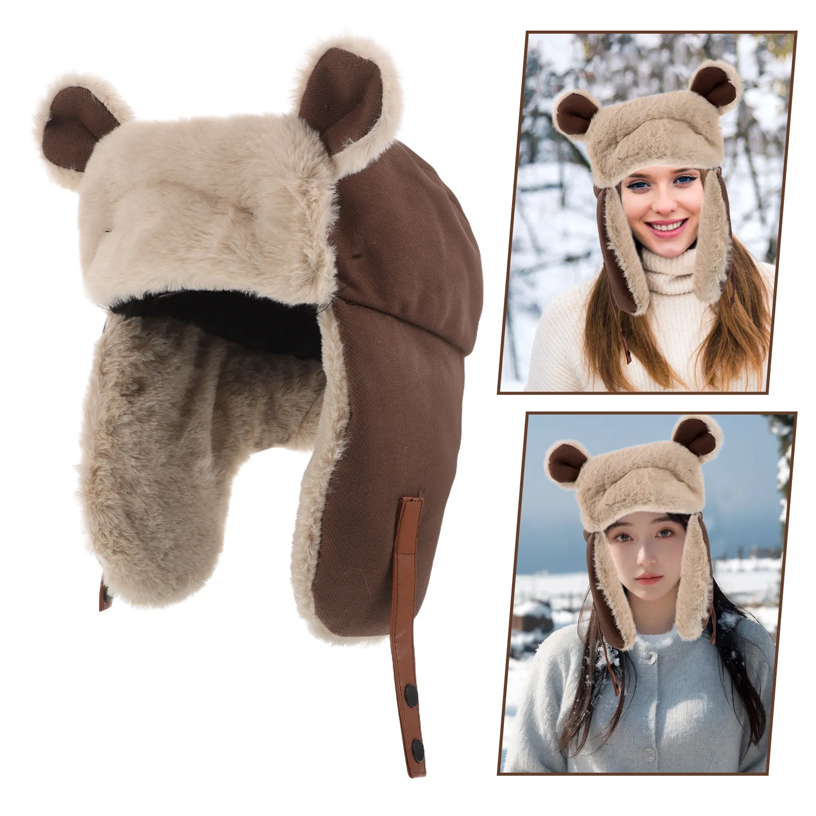 

Adorable Bear Ear Winter Hat Thick Warm Earflap Cap Outdoor Ski Hiking Windproof Protection Soft Comfortable Headgear