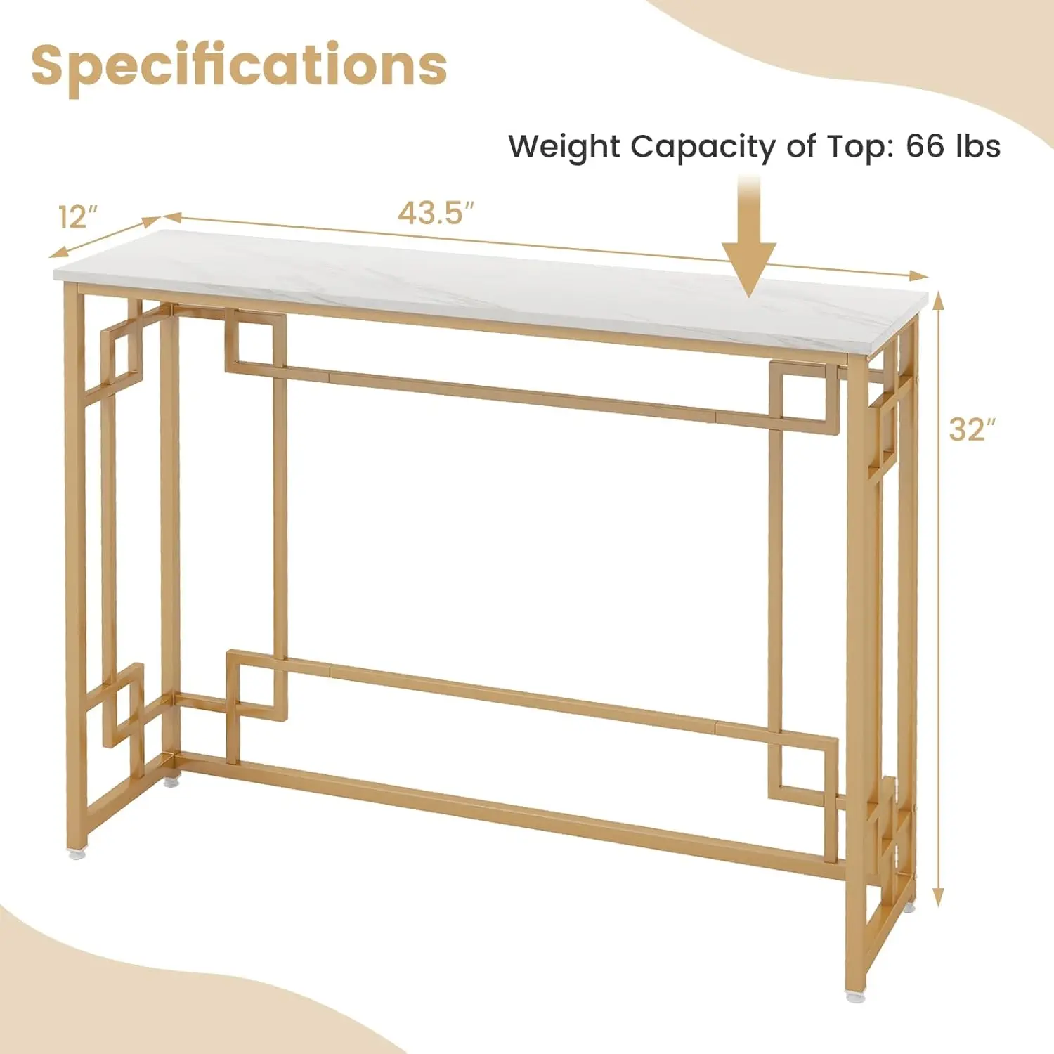 43.5-Inch Console Tables For Entryway - Foyer Table With Adjustable Foot Pads, Golden Metal Frame, Faux Marble Top, Modern Long