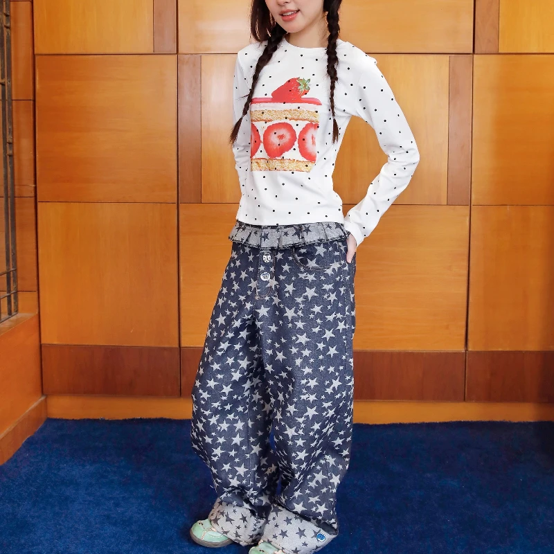 التصميم الأصلي ستار الجاكار لعوب المرأة الدنيم بنطال ذو قصة أرجل واسعة اليابانية الجديدة فضفاضة التخسيس تنوعا سراويل طويلة السيدات #2