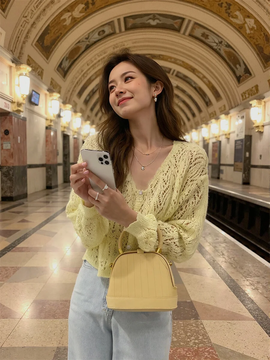 Cárdigans de estilo coreano ahuecados, suéteres lisos con cuello en V, jerséis, ropa para mujer en otoño, longitud larga de gran tamaño