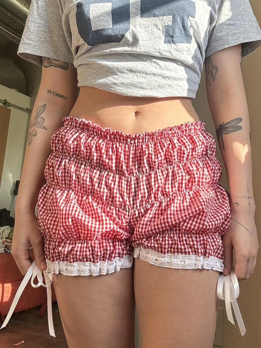 

Women Y2k Gingham Bloomers Shorts Ruched Low Waist Ruffle Frill Plaid Lounge Cute Pj Bottoms Smocked Pettipants