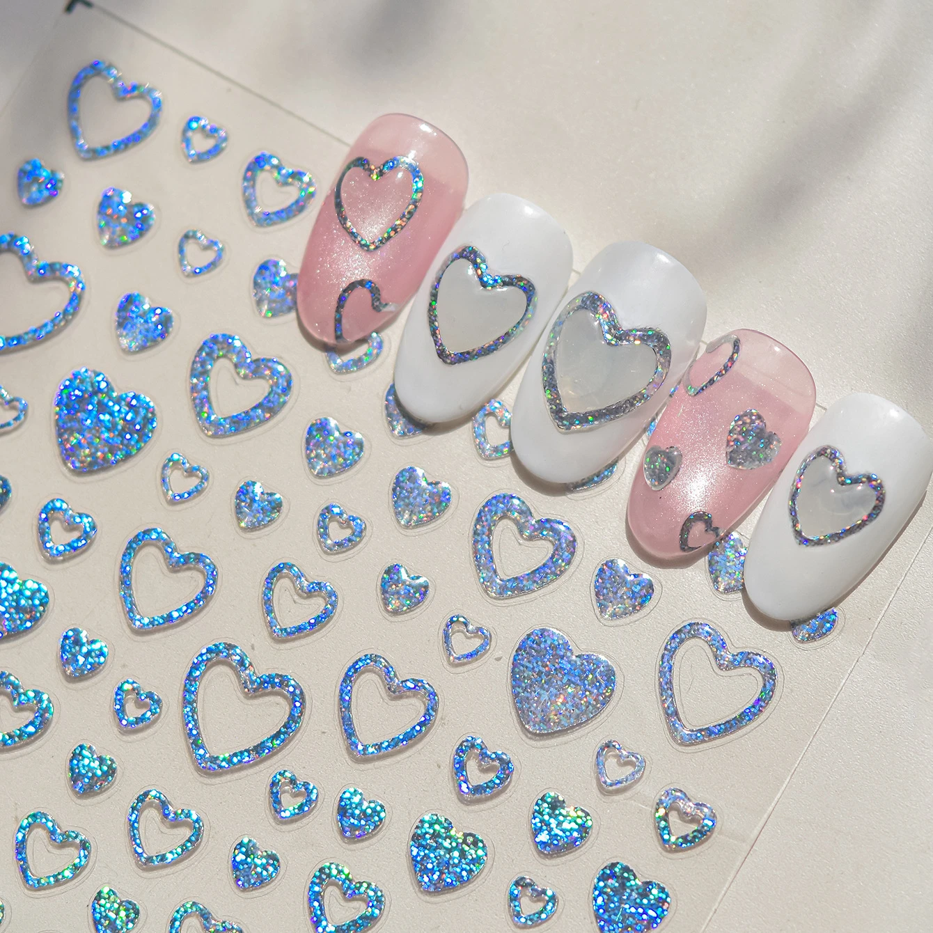 Sequin Love Peach Heart Gradual Hollow Out Jelly Geometric Blue Circular Shiny 5D Self Adhesive Nail Art Sticker Manicure Decals