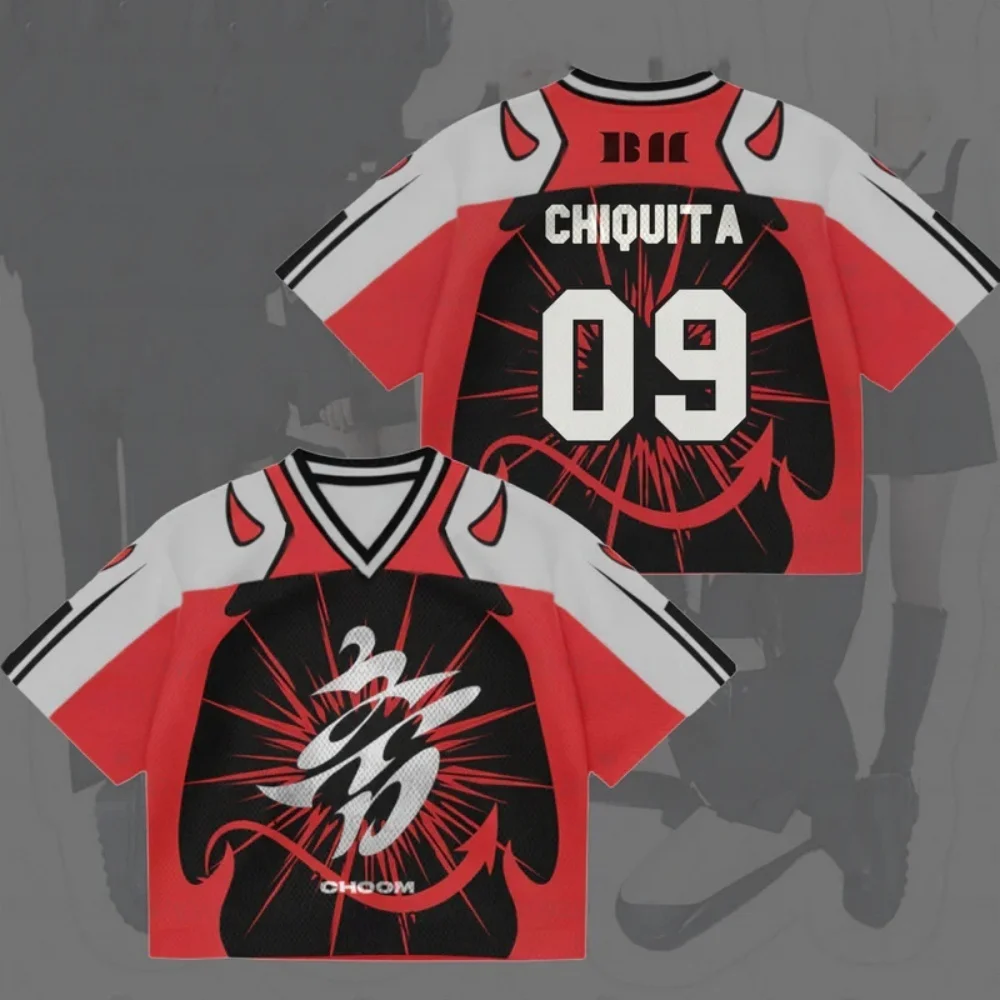 Neues Familien-Matching Kpop Ahyeon 07 Teufelshorn Kontrastfarbenes Fußballtrikot Eltern-Kind Mesh Streetwear Casual Fan T-Shirt – Detail 12