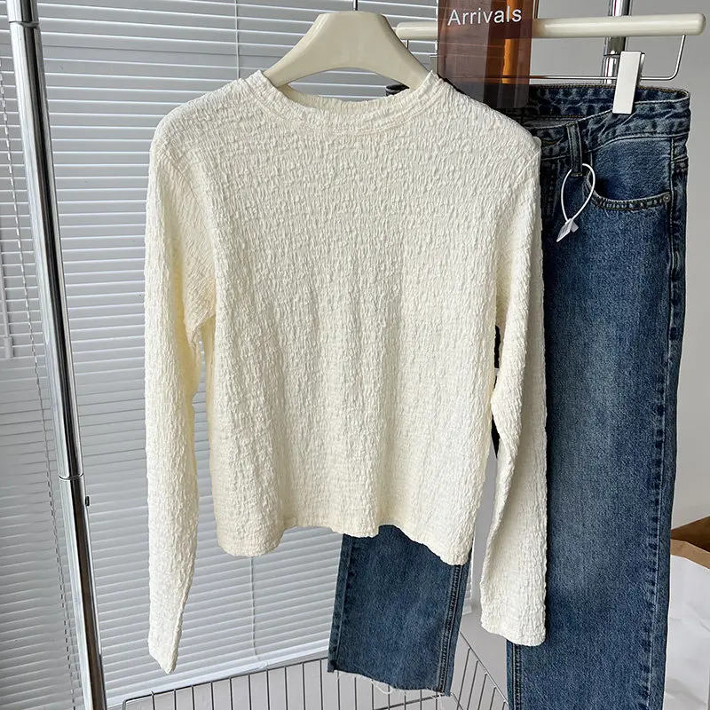 Camiseta Plissada Y2K para Mulheres, Manga Longa, Cor Sólida, Ajuste Slim, Versátil e Emagrecida para Primavera e Outono