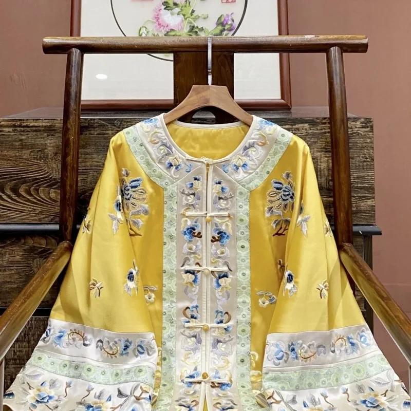 Women's Chinese Style Round Neck Long Sleeve Coat Yellow Embroidery Pattern Frog Button Contrast Trim Traditional Casual Outerwe