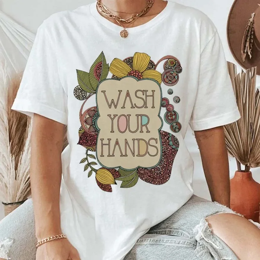 

Summer Fashion Women Clothing Wash Your Hands Graphic Tee Aesthetic Slogan Vintage Cotton Short Sleeve T Shirt Retro Style Tops