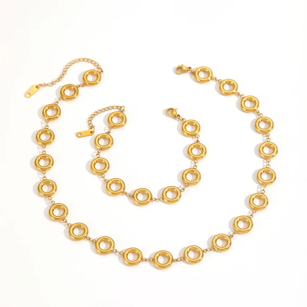 Modisches Edelstahl-Armband- und Halsketten-Set mit kleinen runden Ringen, 18K vergoldet, Schmuck, Mädchen-Handgelenk-Accessoires, Geschenke – Detail 2