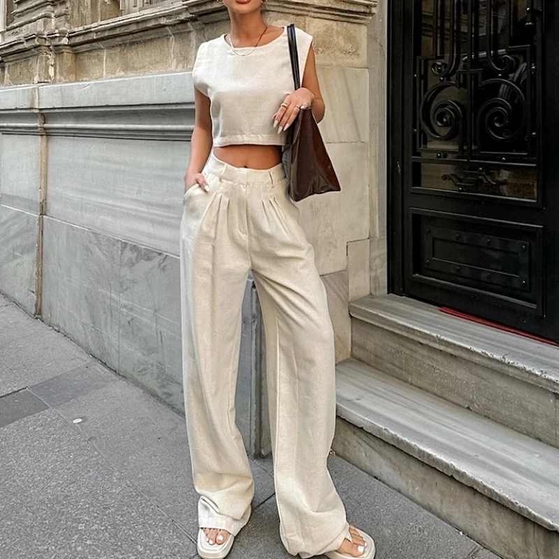 

Summer 2 Pieces Cotton Lined Women'S Pant Suits White Solid Casual T Shirt Tops Wide Leg Straight Sets Outfits 2025 New Spring
