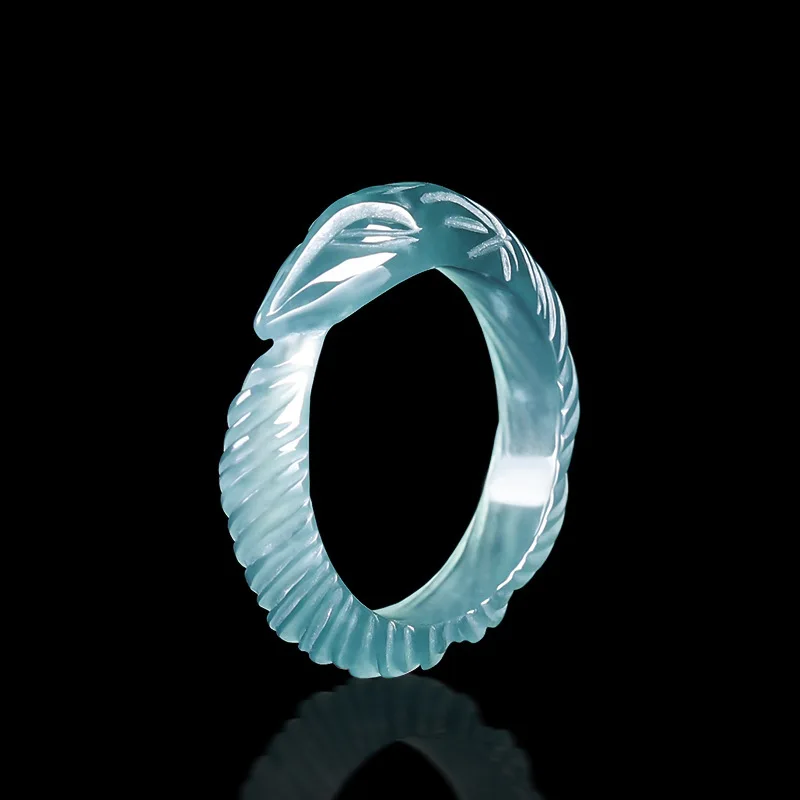 High End Natural A-grade Jade Blue Water Fox Nine Tailed Fox Ring Three-dimensional Carved Ice Jade Men's Gifts Women's Jewelry