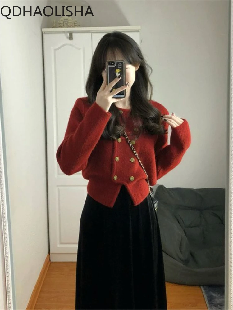 Christmas Sets for Women 2 Pieces Temperament Knit Red Sweater Cardign Slim High Waist Dress Set New Two Piece Set Korea Fashion