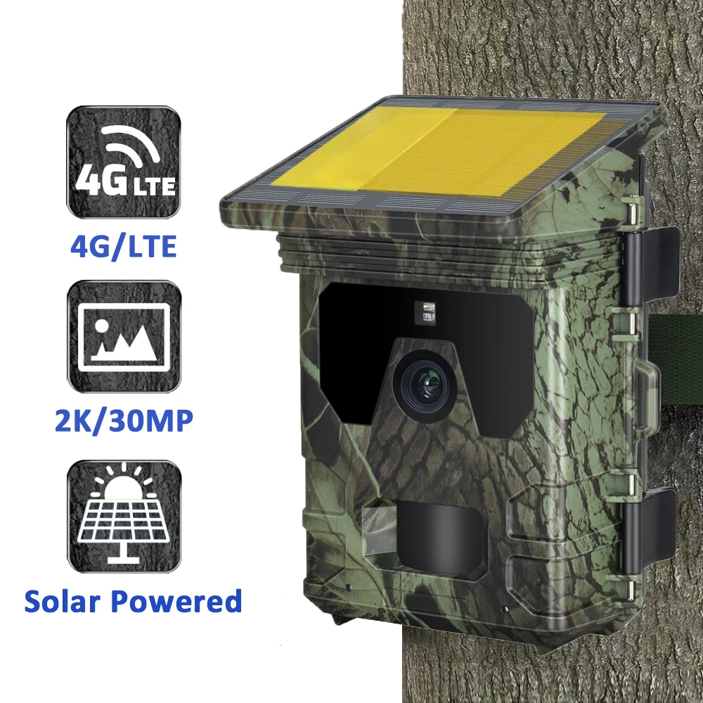 4G SIM Card Solar Powered Hunting Camera APP Control 2K 30MP Video Photo Record Night Vision Camera Wildlife Trap Tracker Device