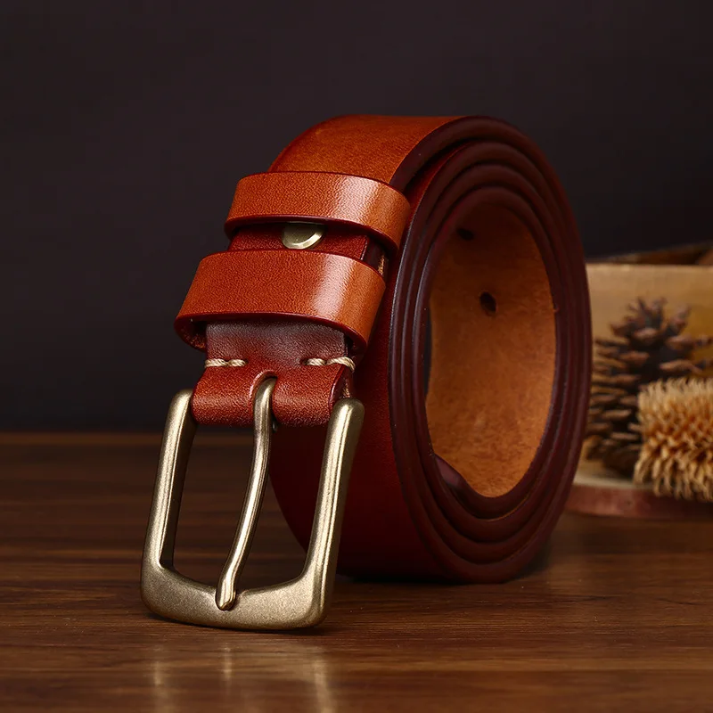 3.8CM Men's Genuine Leather Belt Luxury Designer Brass Pin Buckle Belts Pure Cowskin Vintage Strap Male Jeans for Man Women