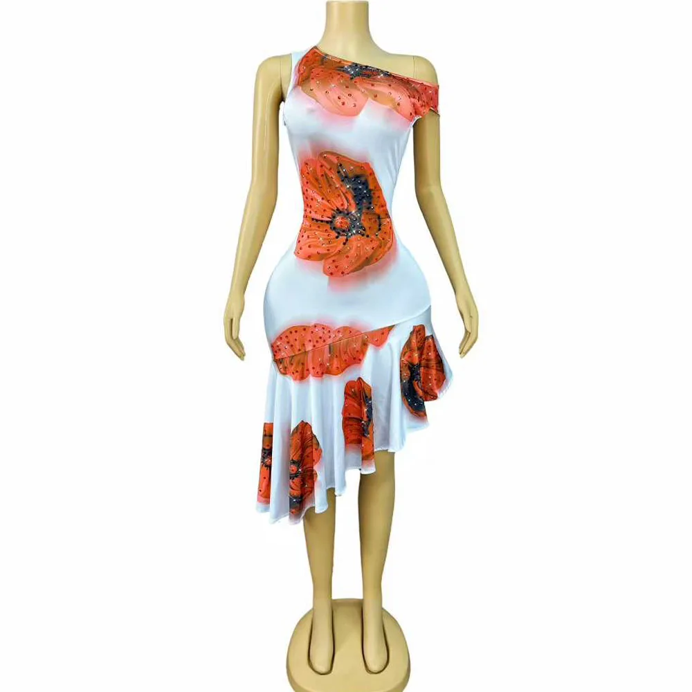 

Сексуальное блестящее эластичное платье со стразами и цветочным принтом, женское вечернее платье для празднования дня рождения, танцовщица, фотосессии, сценическая одежда