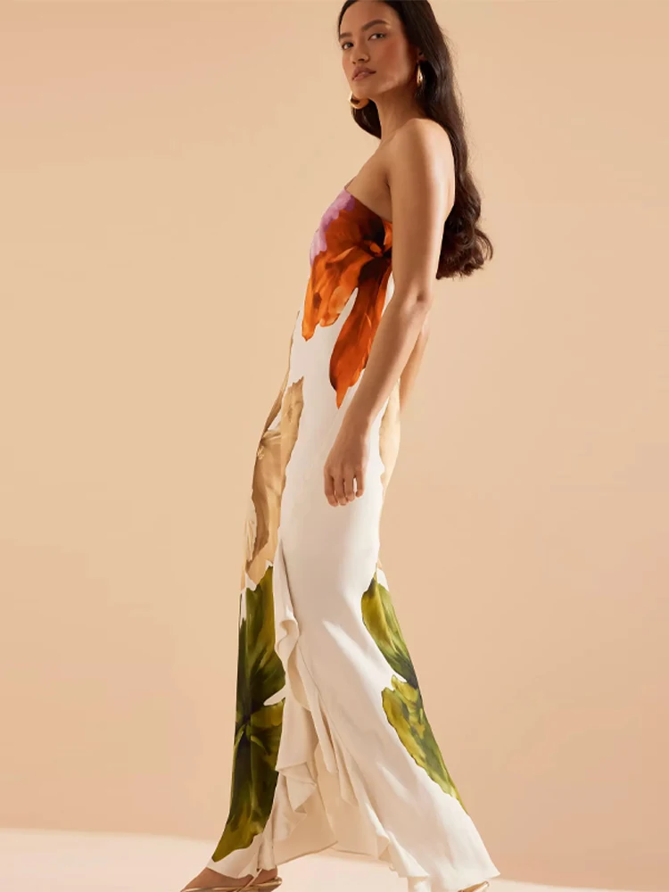 

Flower Print Slanted Shoulder Dress Vintage Backless Sleeveless Slim Fit Irregular Robe For Women New Summer Lady Beach Vestido