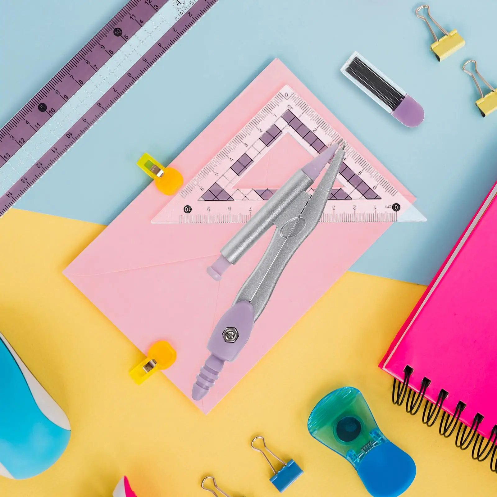 7pcs Set Pink Transparent Ruler Kit Protractors Compass Triangle Board Kids Drawing Stationery Office Supplies Student