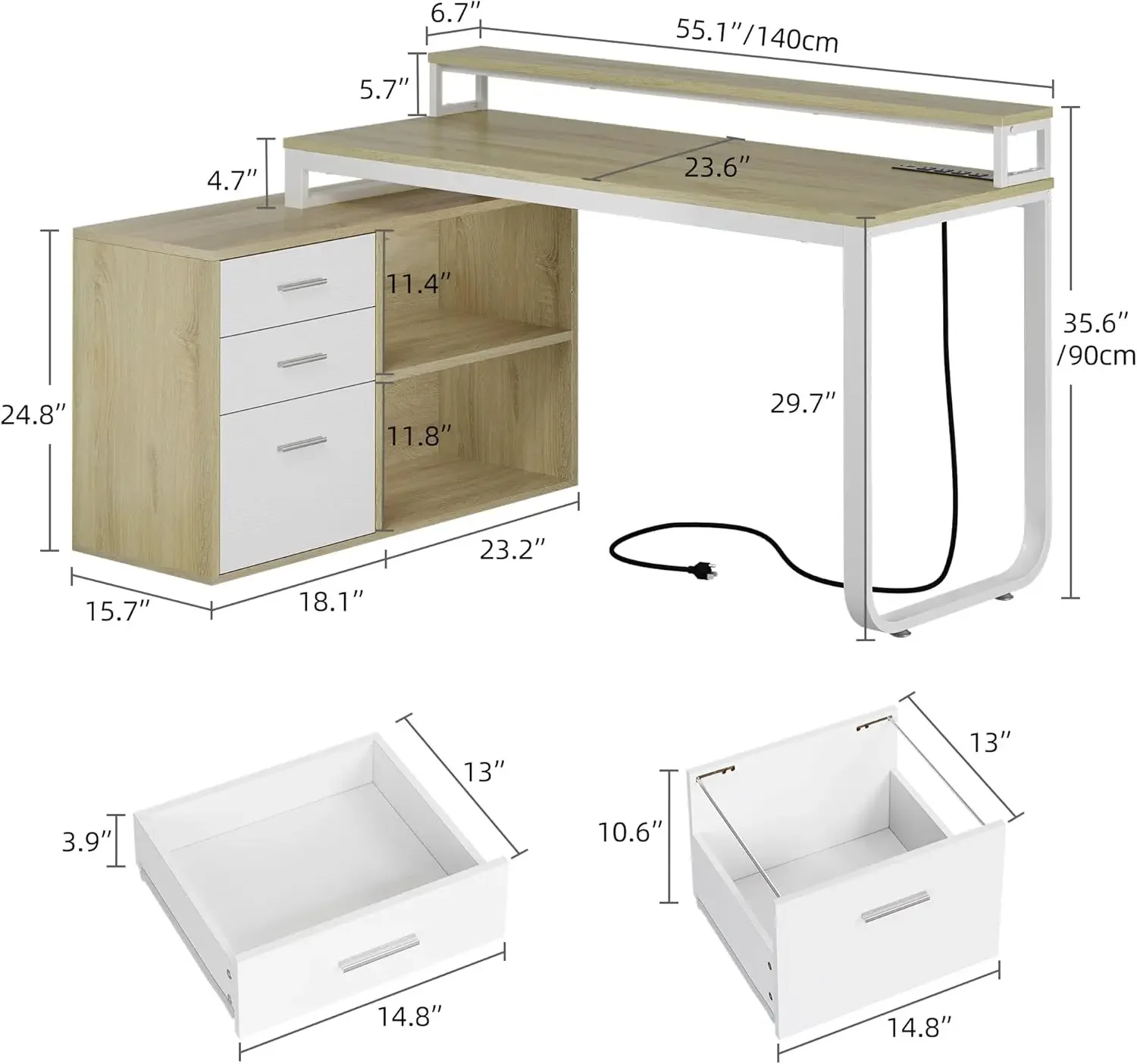 L Shaped Desk with Drawers, 55