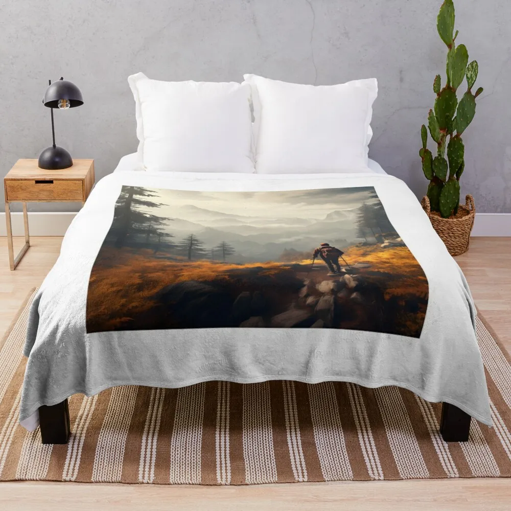 

Solitude in the Misty Mountains: An Autumn Hiking Adventure Throw Blanket Nap Soft Personalized Gift Bed covers Blankets