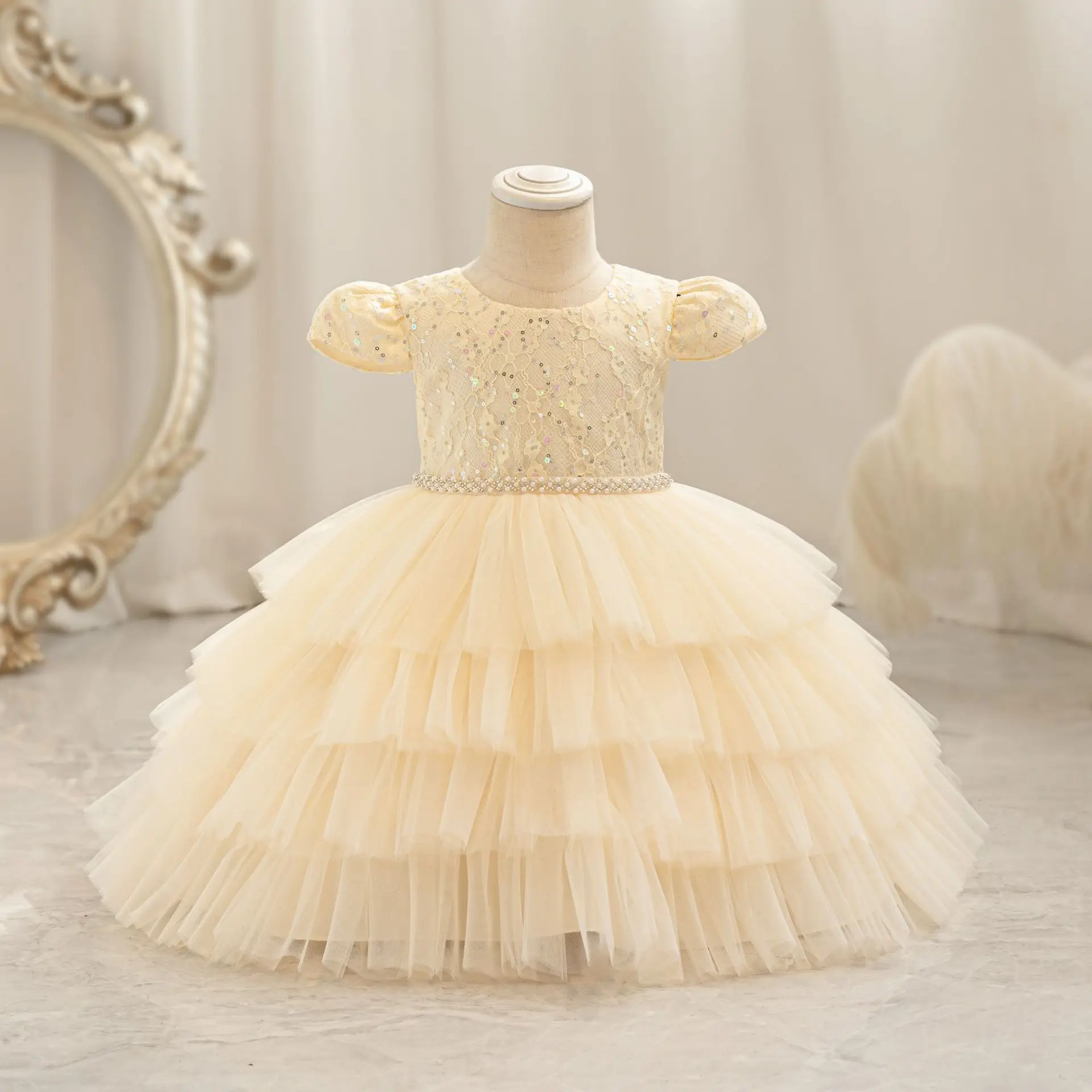 Baby Girl Weekend Birthday Party Princess Dress Mesh Sequined Children\'s Layered Wedding Costume Kids Sweetheart Clothes 6M-4T