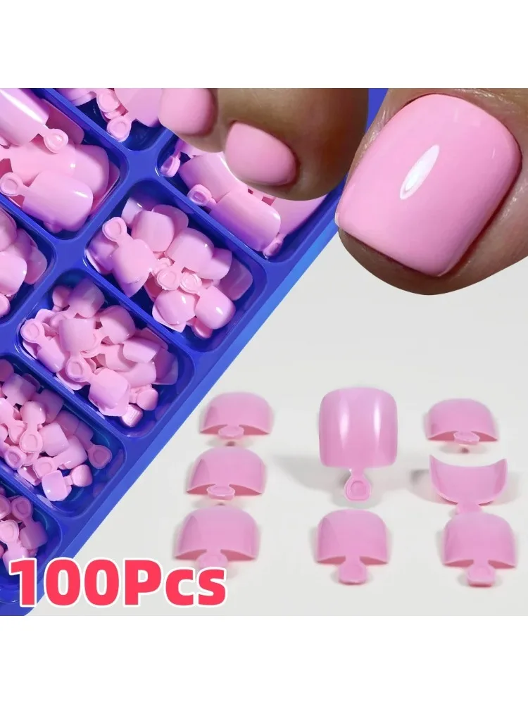 100 Stück/Box Rosa Kurze Quadratische Künstliche Zehennägel Vollständig Abdeckende Aufklebenägel Einfarbige Künstliche Falsche Zehennagelverlängerungsspitzen *&1