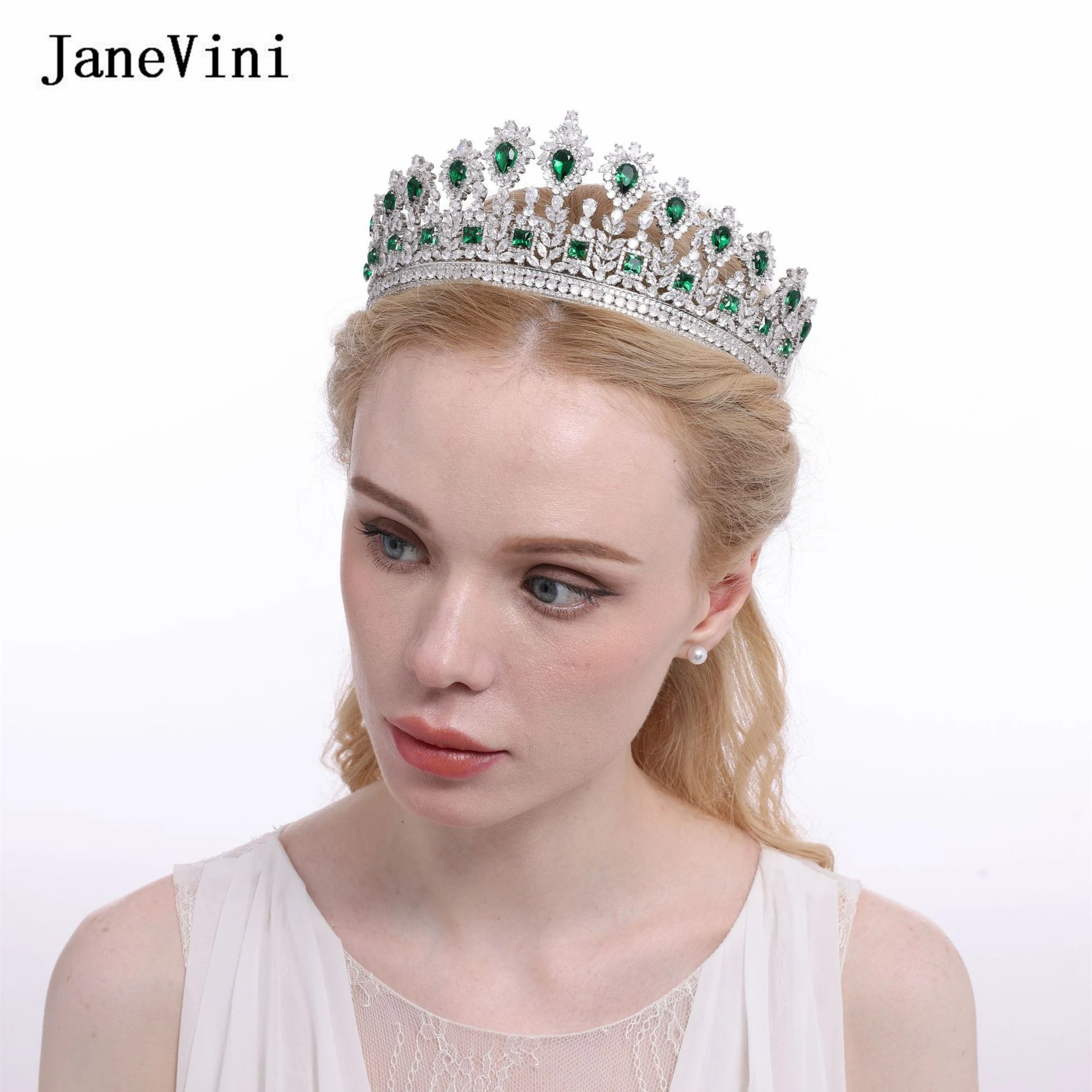 JaneVini Shiny Green Crystal Headwear Luxury Jewelry Crown for Wedding Bridal Tiaras Full Zircon Crowns Wedding Hair Accessories