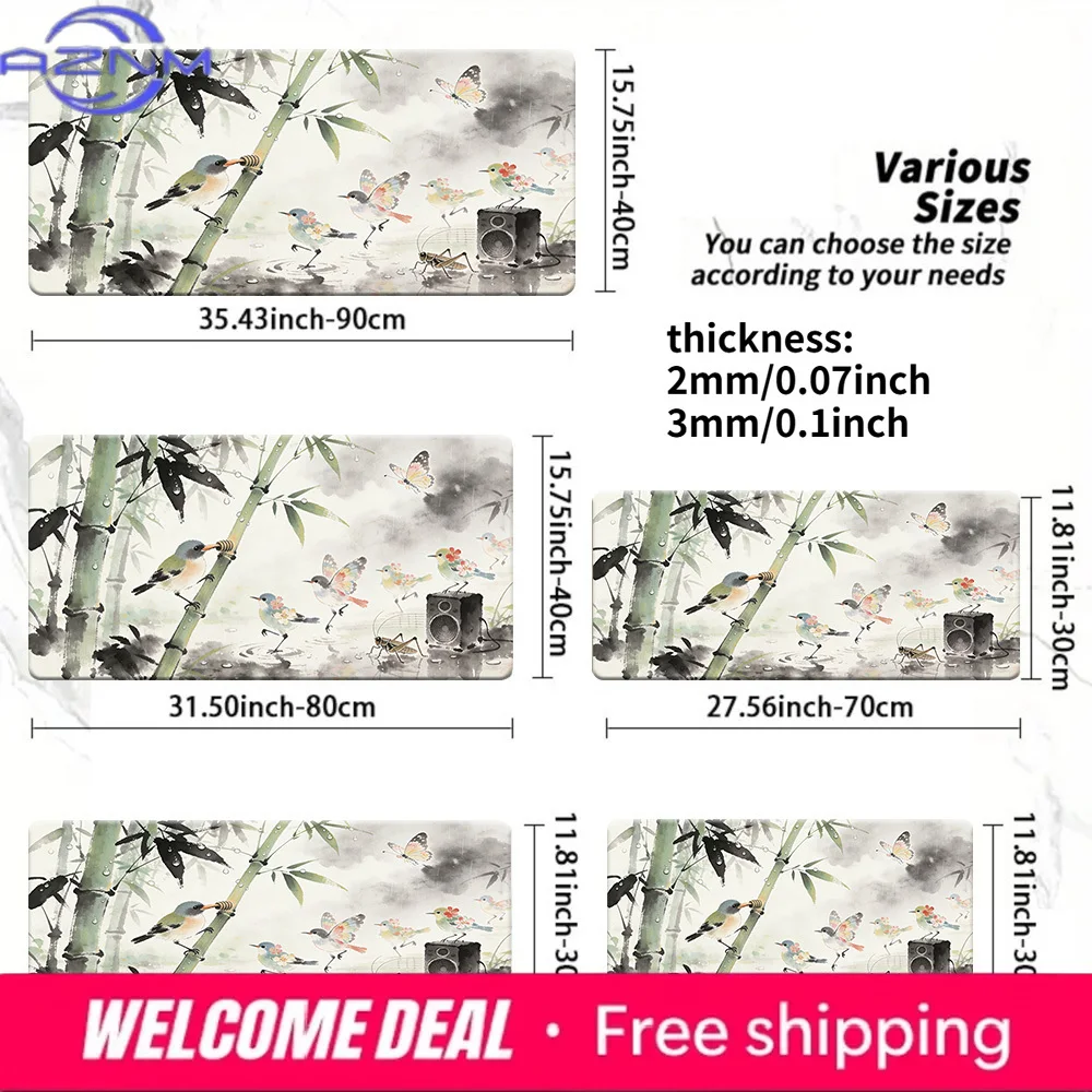 Large Desk Mouse Pad Chinese Ink Art Dewy Bamboo Design with Cute Birds Butterfly Cricket Non-Slip Rubber Washable TCG Card Play