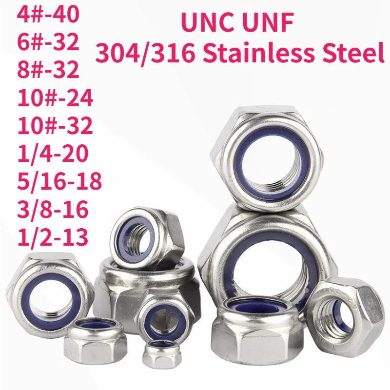 

UNC UNF 304 / 316 Stainless Steel Hex Nylon Insert Lock Nut Self-locking Locknut 4# 6# 8# 10# 1/4-20 5/16-18 3/8-16 1/2-13
