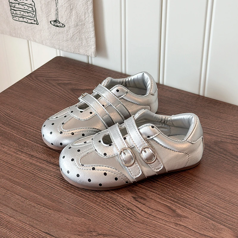 Girls Silver Polka Dot Mary Jane Shoes Double Buckle Strap Hollow Cutout Soft Flat Sole Sweet Princess Matching Casual Footwear