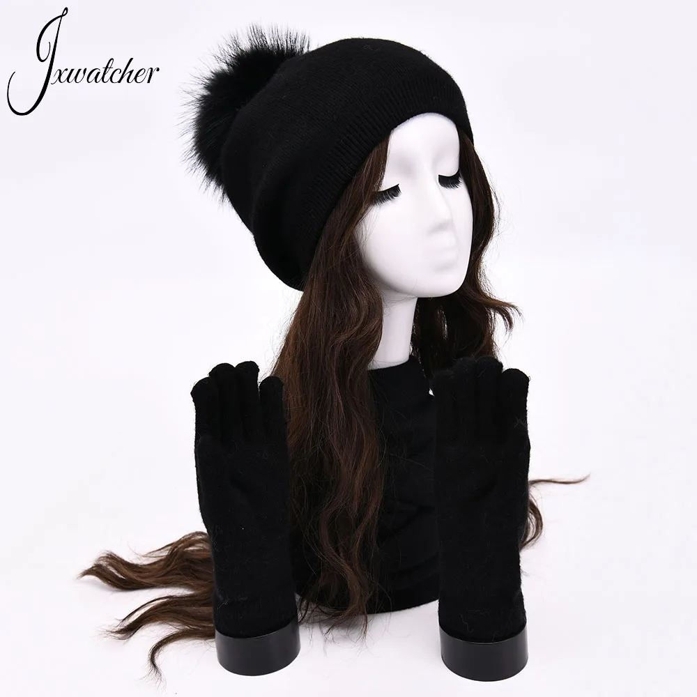 Jxwatcher-Luvas e cachecol de inverno para mulheres, camada dupla, lã de caxemira, gorro de malha, mitten macio, xale longo, 3 peças