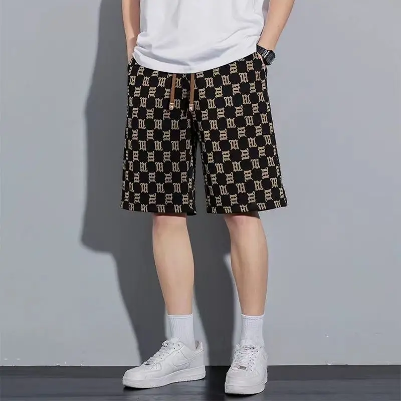 Elastic High Waisted Pockets Men\'s Clothing Geometric Printing Drawstring Summer Knee Pants Preppy Style Vacation Punk Shorts