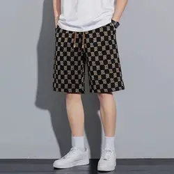 Elastic High Waisted Pockets Men's Clothing Geometric Printing Drawstring Summer Knee Pants Preppy Style Vacation Punk Shorts