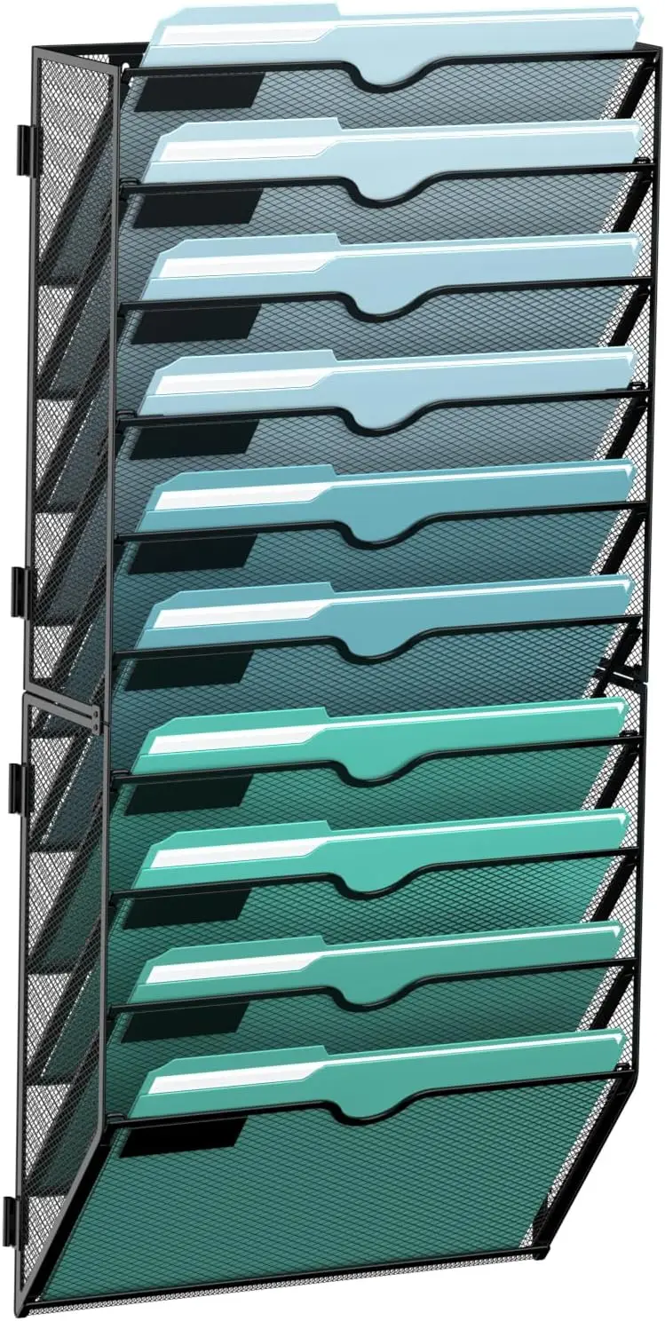 

10-Tier Wall File Organizer, Hanging Files for Papers Folders Magazines, Office Home School, Black