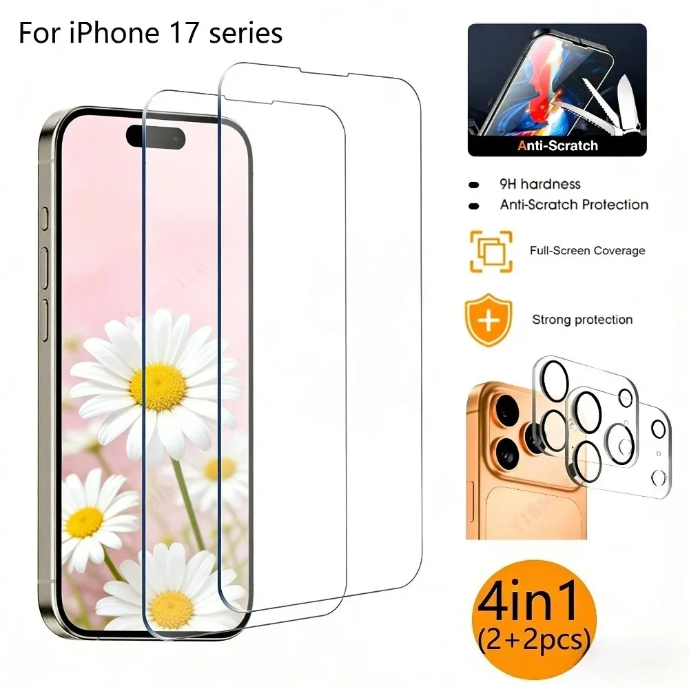 

2Pcs Full Cover HD Screen Protector for iPhone 17 16 15 14 Pro Max Air 17e 16 15 Plus 13 12 11 Pro With 2Pcs Camera Lens Glass