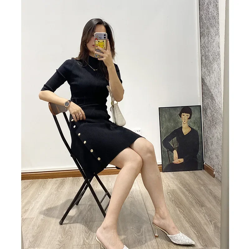 

Women Side Buttons Knitted Dress Split Stand Collar Short Sleeve Solid Color Slim Mini Robe