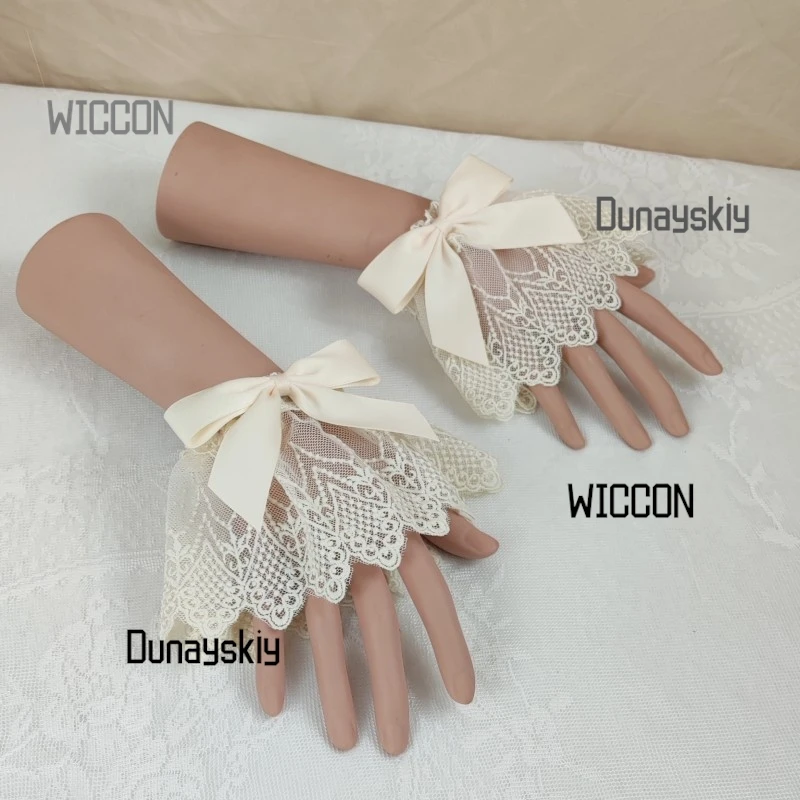 Handmade Japanese Bow Hat Elegant Ivory Lolita Headdress Floral Accent Tea Party Bridal Cosplay Matching Wrist Cuffs Hair Ribbon