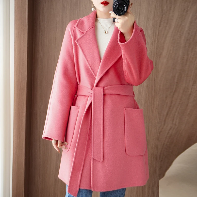 100% wool Double-sided Woolen Cashmere Coat Women Autumn Winter 2024 New Slim Temperament Female Casual Wool Coats With belt