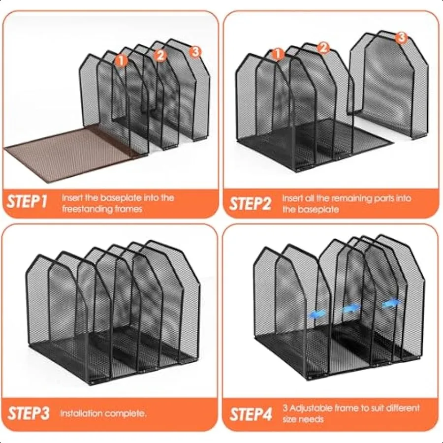 منظم ملفات مكتبي قابل للتعديل 5 أقسام منظم سطح المكتب المستقيم فارز الملفات شبكة معدنية قوية رف الكتب العمودي حامل الملفات