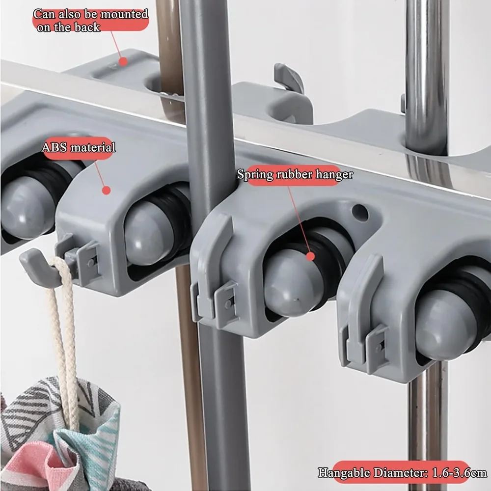 ممسحة مبللة من الفولاذ المقاوم للصدأ قائمة على الأرض وحامل مكنسة مع رف تخزين أدوات قابل للإزالة