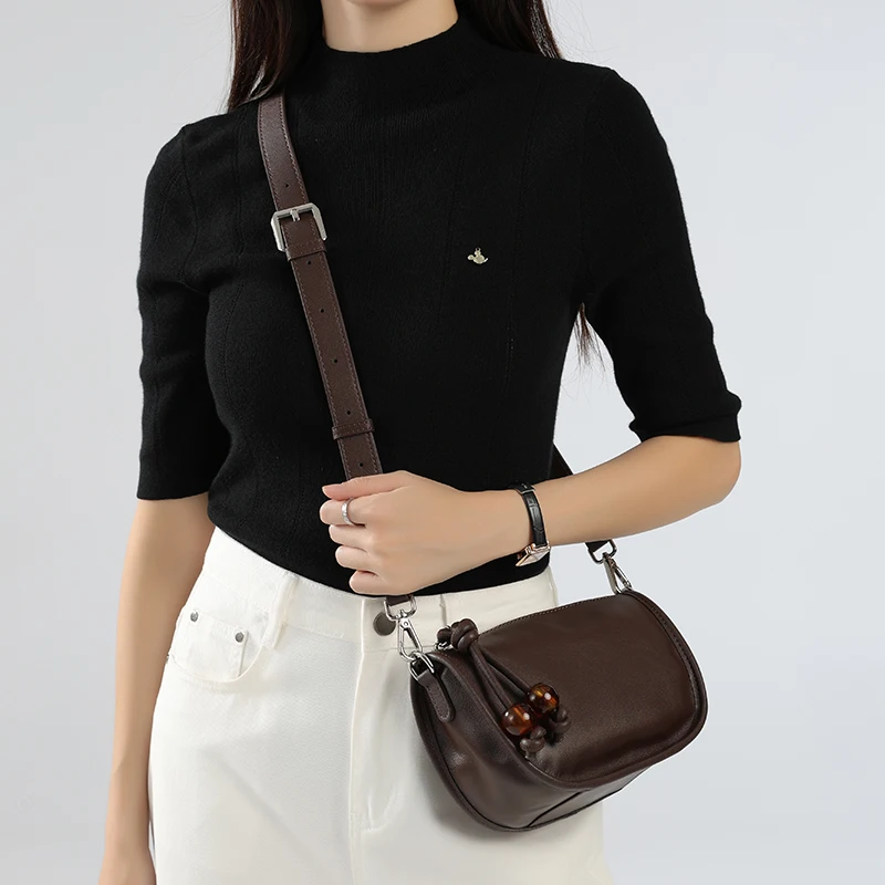 

2025 New! Top Grain Cowhide Mini Square Bag for Women Crossbody Purse with Saddle Stitch Multi-Pocket Organizer Coffee Black
