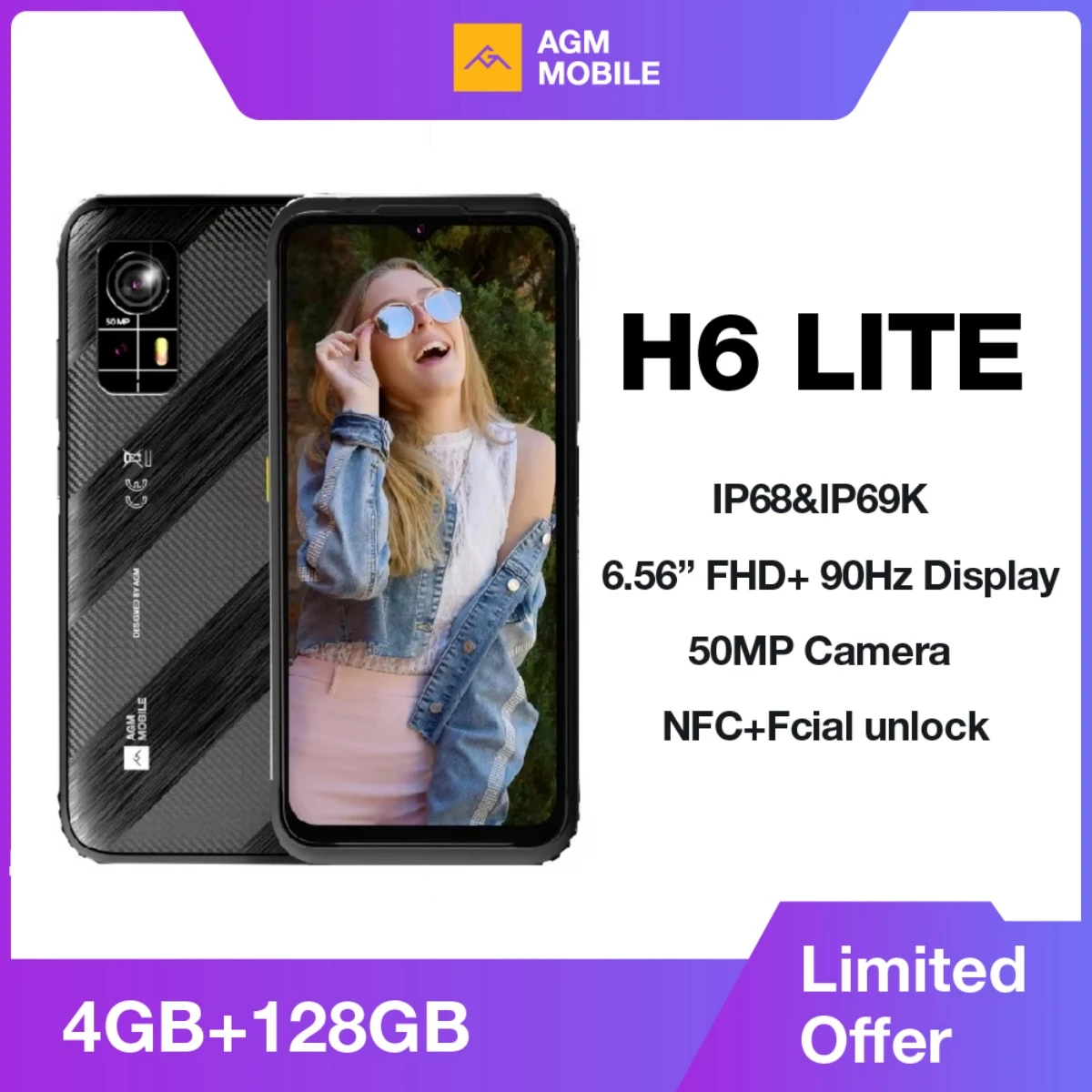 AGM H6 Lite Rugged Smartphone,4GB + 128GB,50MP Camera, 6.56 