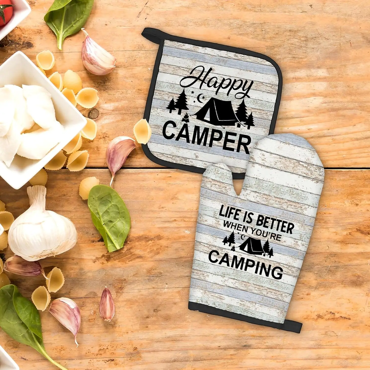 Happy Camper Gifts Oven Mitts and Pot Holders Sets, Camping Rv Kitchen Accessories Sets, Life is Better When You’re Camping