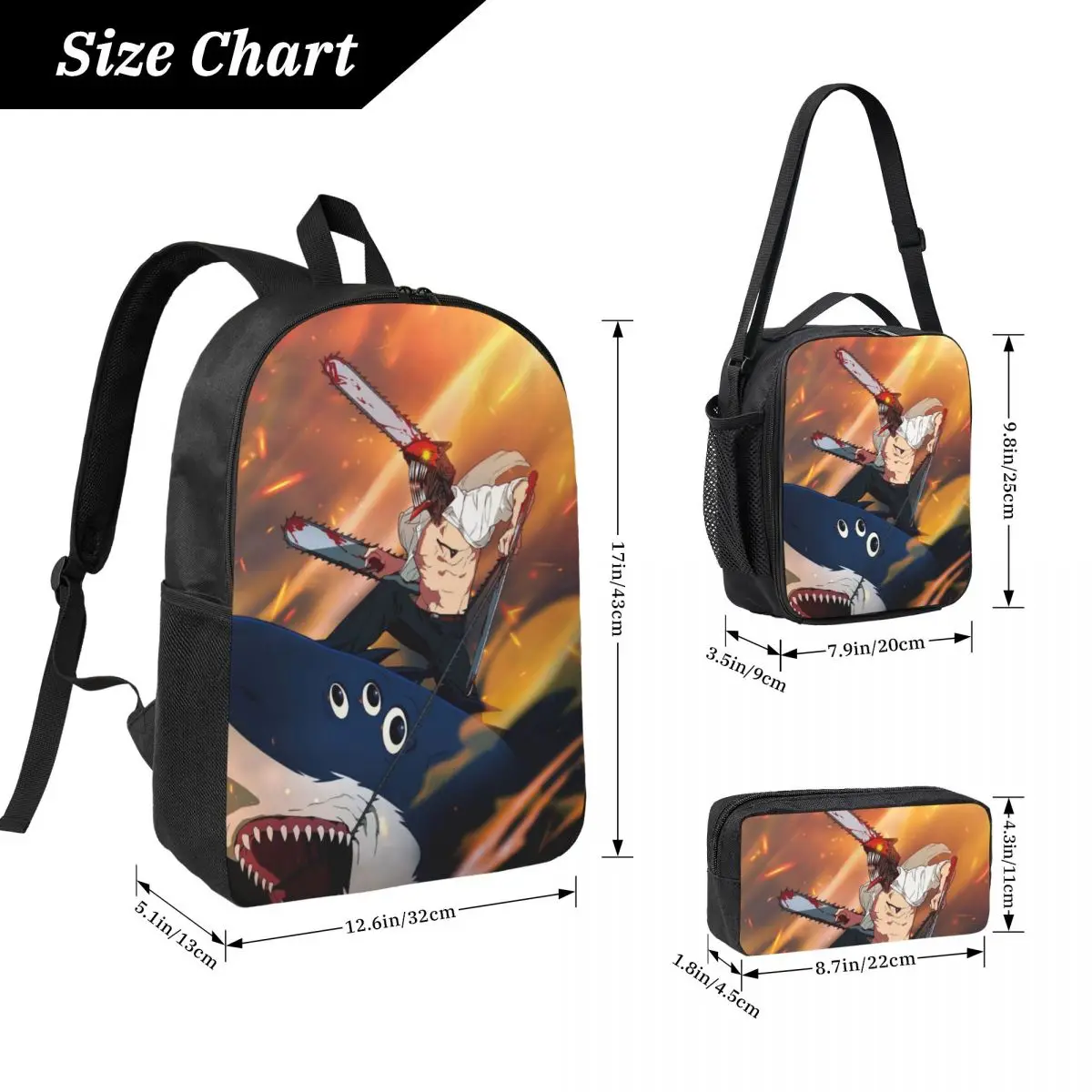 Shark And Denji Chainsaw Man Anime Backpack BookBag School Bag Laptop Shoulder Bags 3ps Insulated Lunch Bag Pencil Case