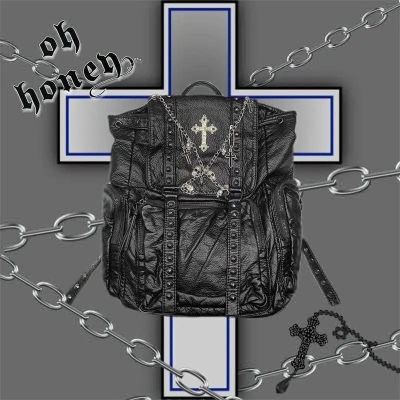 Girls Soft Leather Punk Backpack School Skull Cross Chain Backpack Korean Style Bagpack Women Designer Bags Gothic