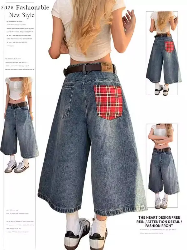 

Американские джинсы в клетку с синими вставками, женские летние винтажные свободные широкие прямые джинсовые брюки средней длины, повседневные, с высокой талией