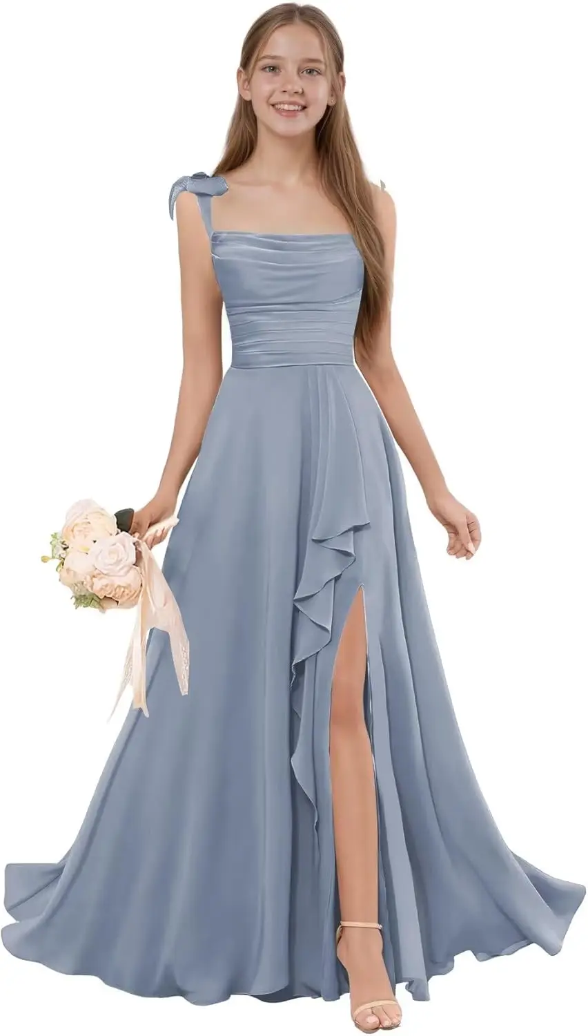 Robe de demoiselle d'honneur trapèze pour filles, bretelles Spaghetti, en mousseline de soie, à volants, robe formelle à fleurs pour mariage